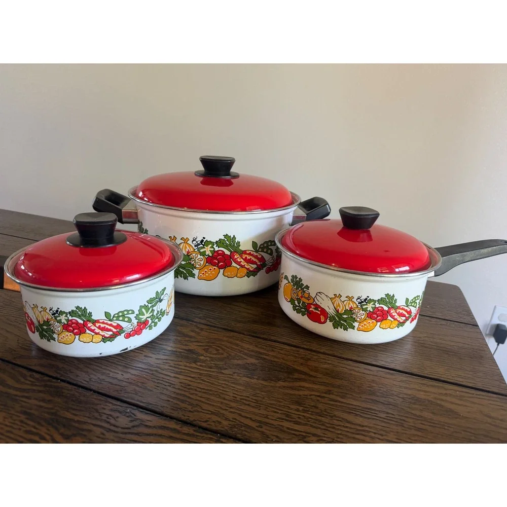 Vintage Enamel Cookware Set 3 Pots Red Lids White Vegetable Print Good Retro 70s